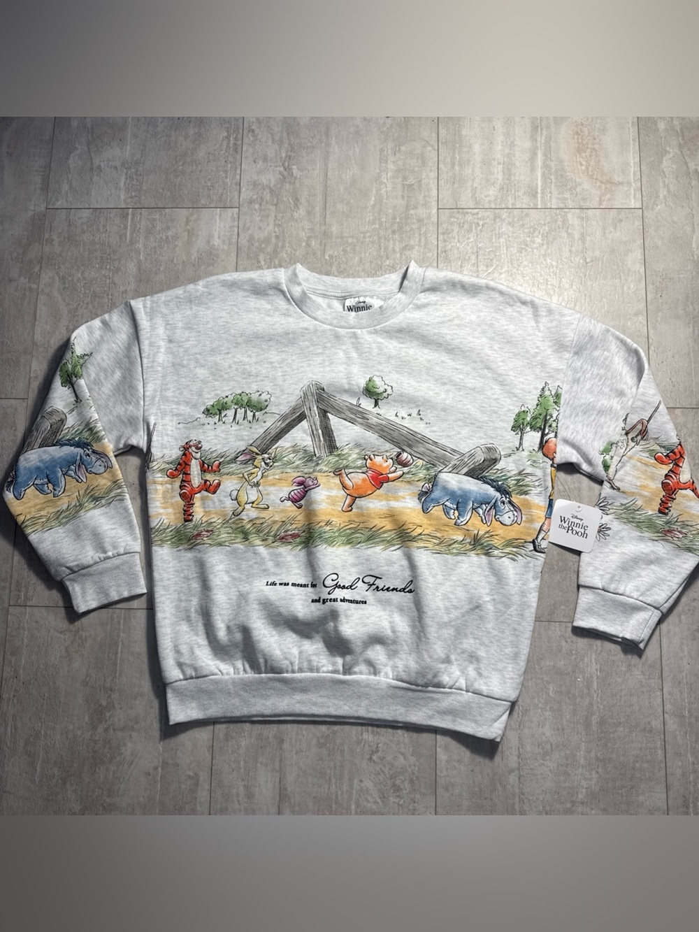 NWT Disney Gray Winnie the Pooh Good Friends Crewneck Sweatshirt SZ L
